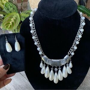 Silver Tone Cascading Faux Pearls Statement Necklace & Earring Set